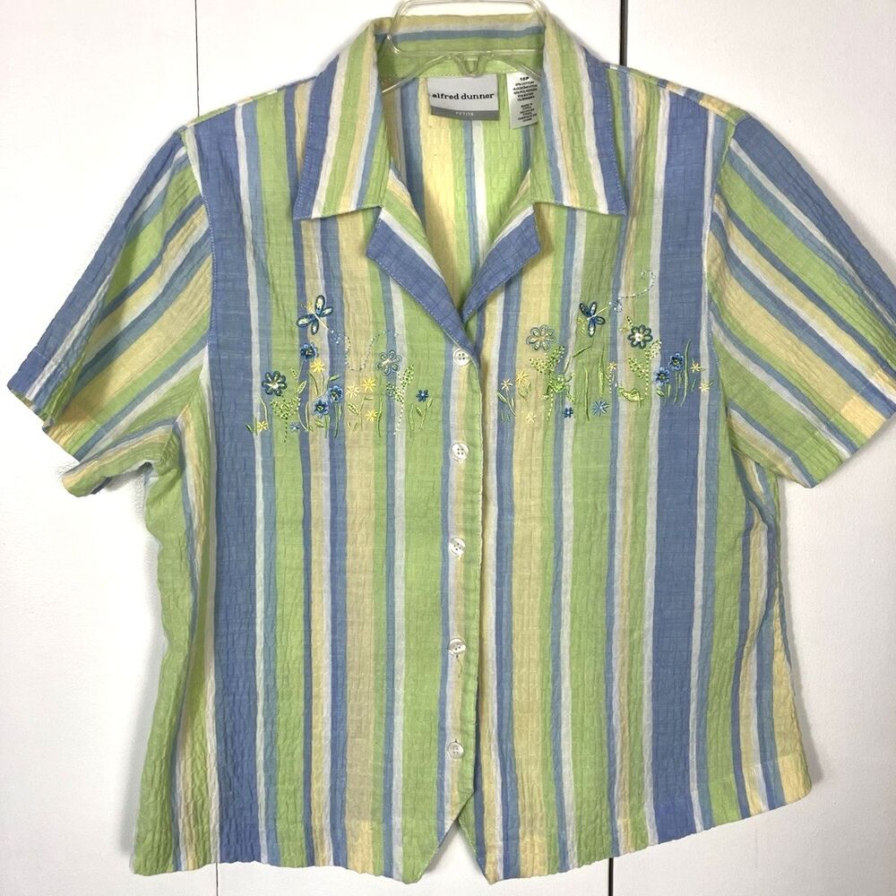 Alfred Dunner Womens Petite Seersucker Striped Blouse Size 10P